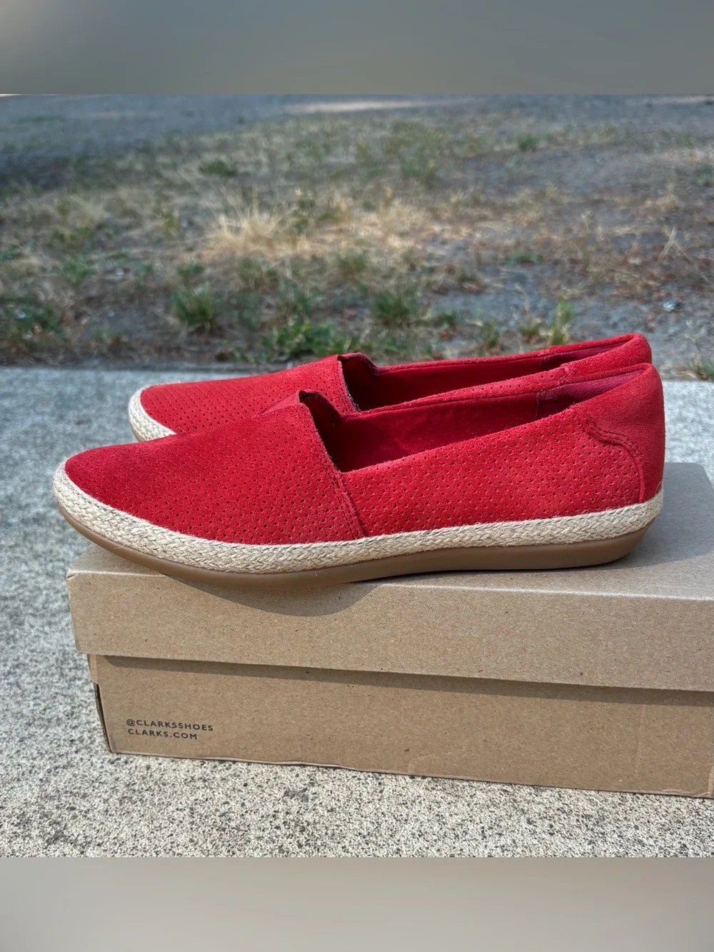 Clarks Danelly Sky Red Suede Espadrille Loafers Slip On 7.5 M New